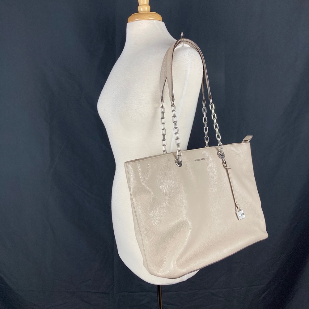 Gray Leather Chain-Handle Tote Bag